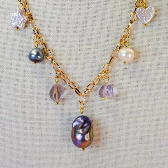 Pearl & Ametrine Charm Necklace - 16.5" to 18.5" - Picture 2 of 8